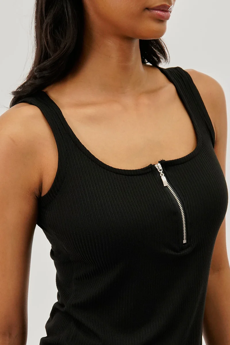 Costa Blanca Ribbed Quarter Zip Tank Top - Black - Image 4