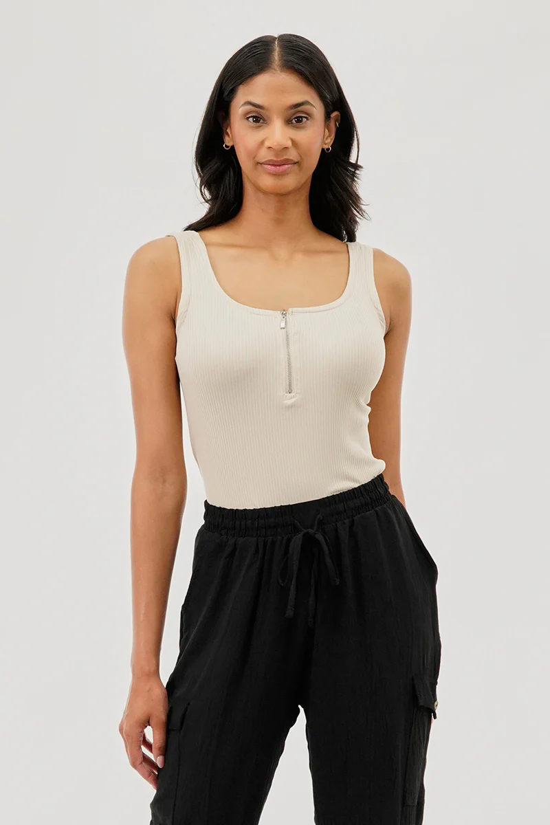 Costa Blanca Ribbed Quarter Zip Tank Top - Cream