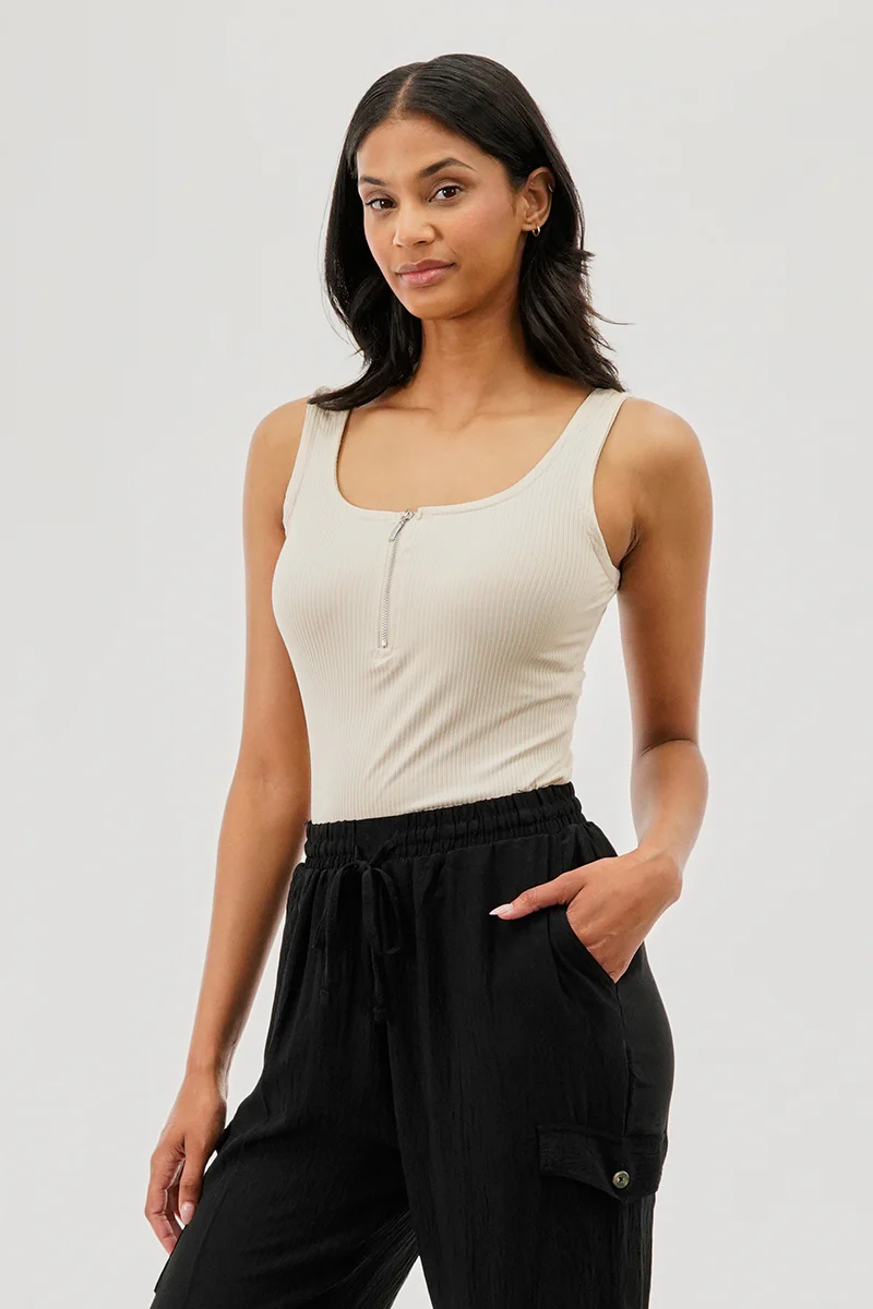 Costa Blanca Ribbed Quarter Zip Tank Top - Cream - Image 2