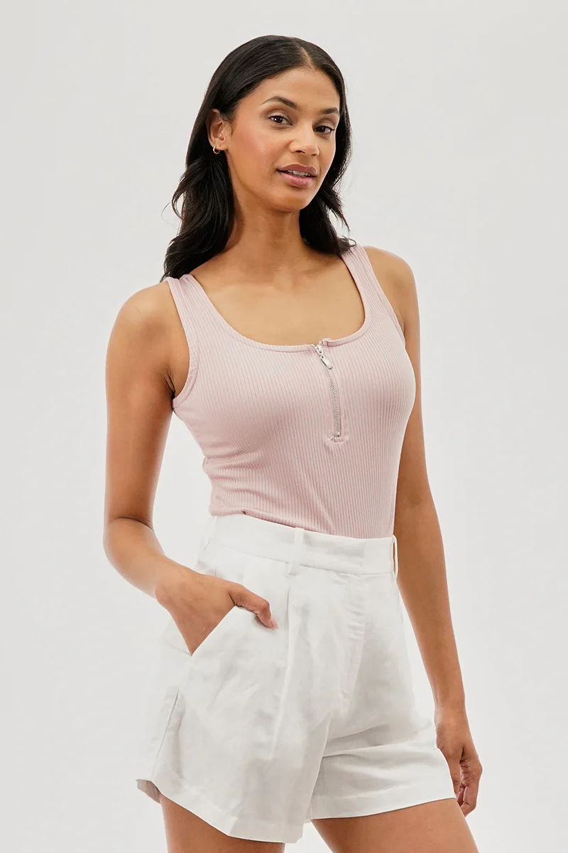 Costa Blanca Ribbed Quarter Zip Tank Top - Pink - Image 2