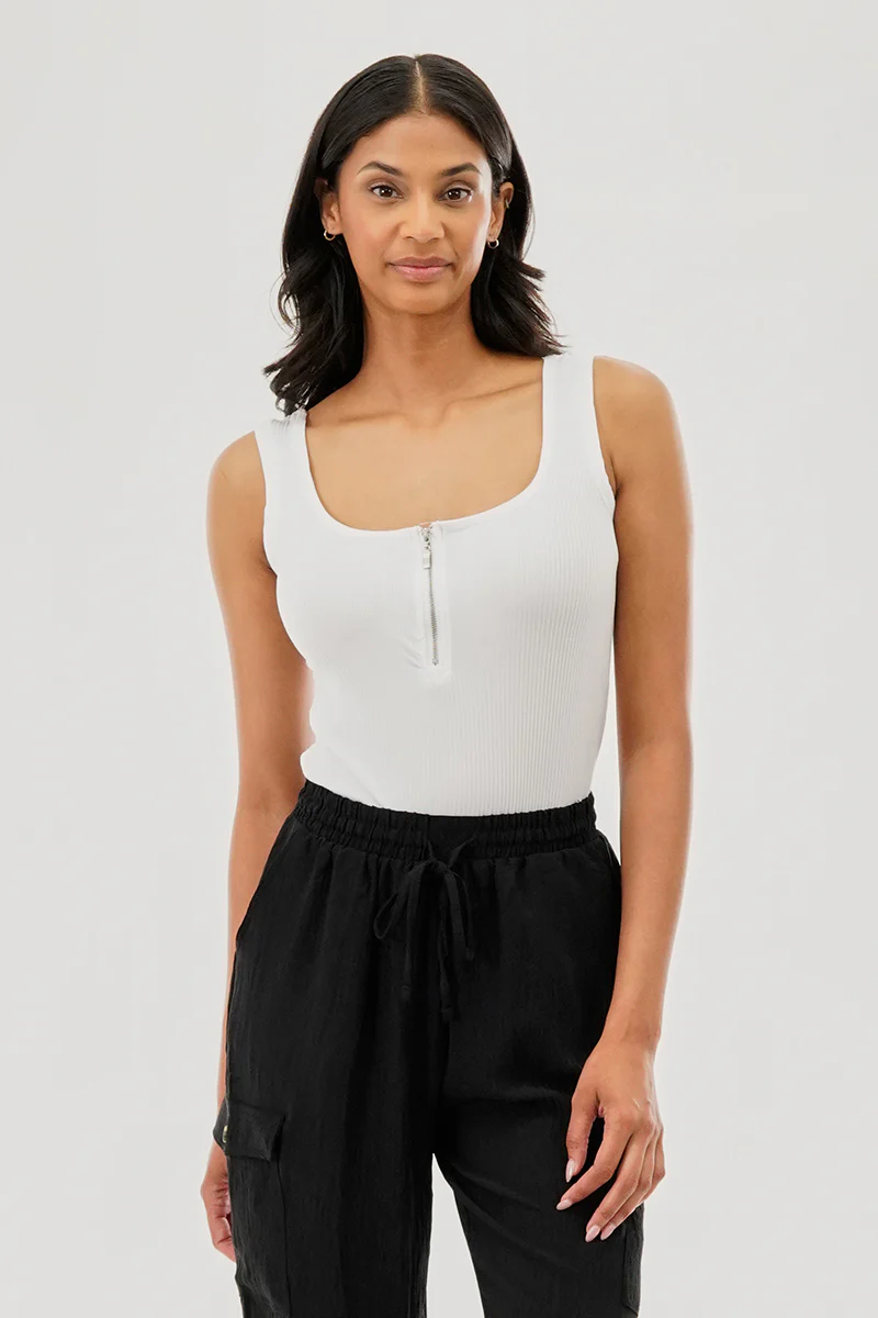Costa Blanca Ribbed Quarter Zip Tank Top - White