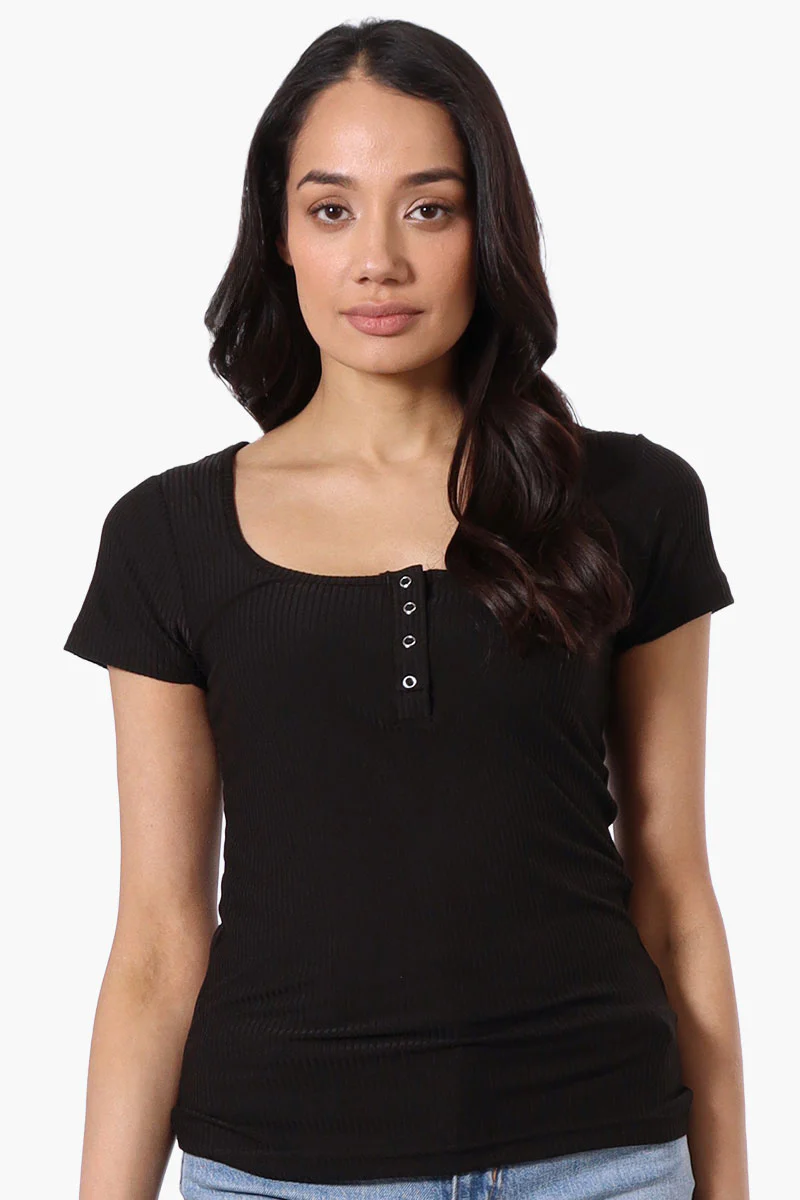 Costa Blanca Ribbed Square Neck Henley Tee - Black