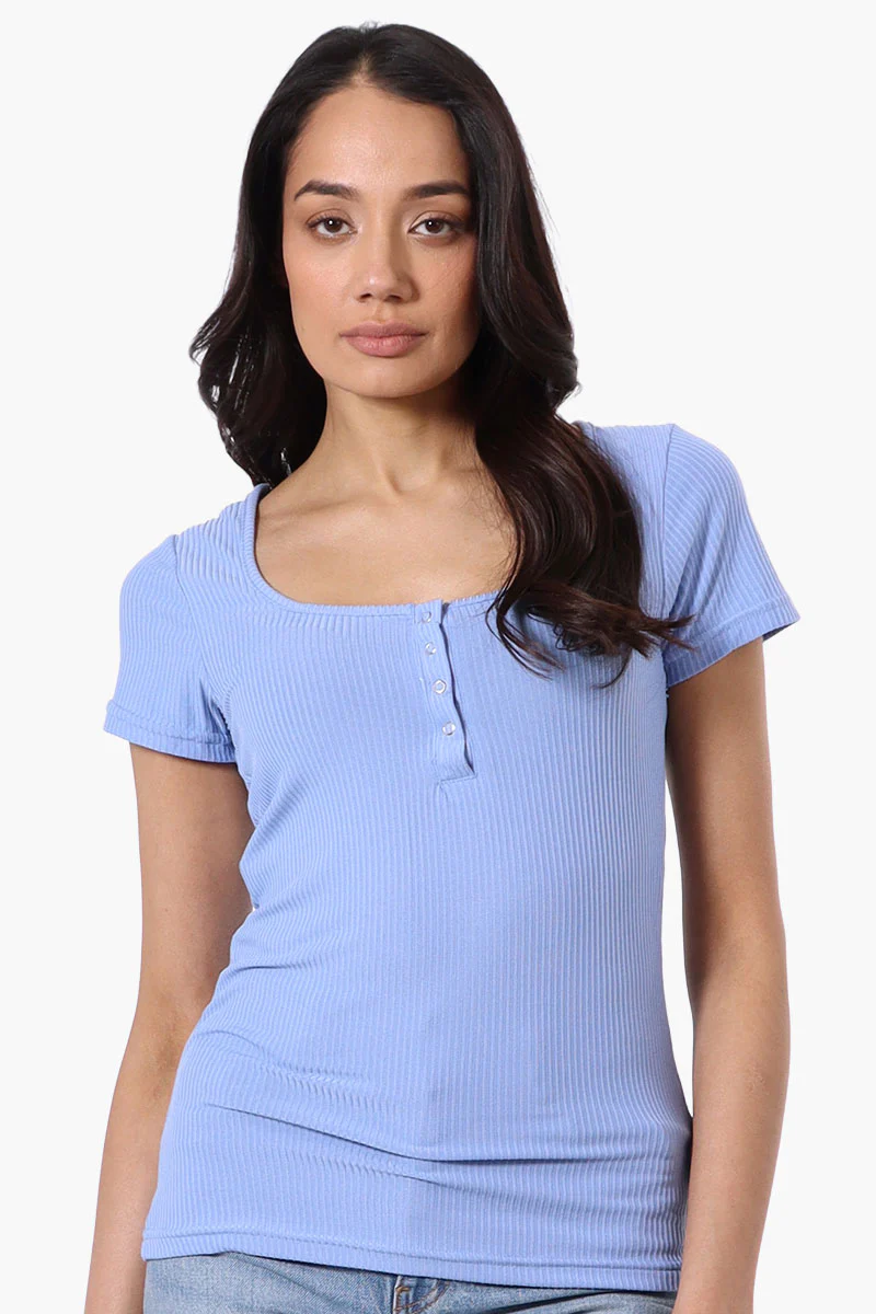 Costa Blanca Ribbed Square Neck Henley Tee - Blue