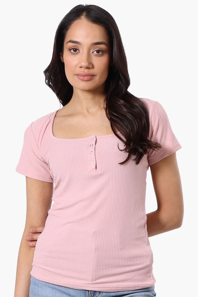 Costa Blanca Ribbed Square Neck Henley Tee - Pink