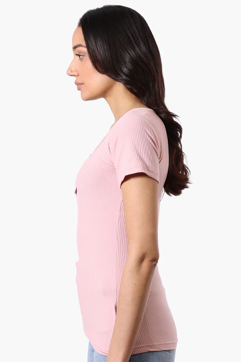 Costa Blanca Ribbed Square Neck Henley Tee - Pink - Image 2