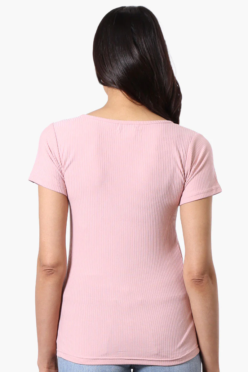 Costa Blanca Ribbed Square Neck Henley Tee - Pink - Image 3
