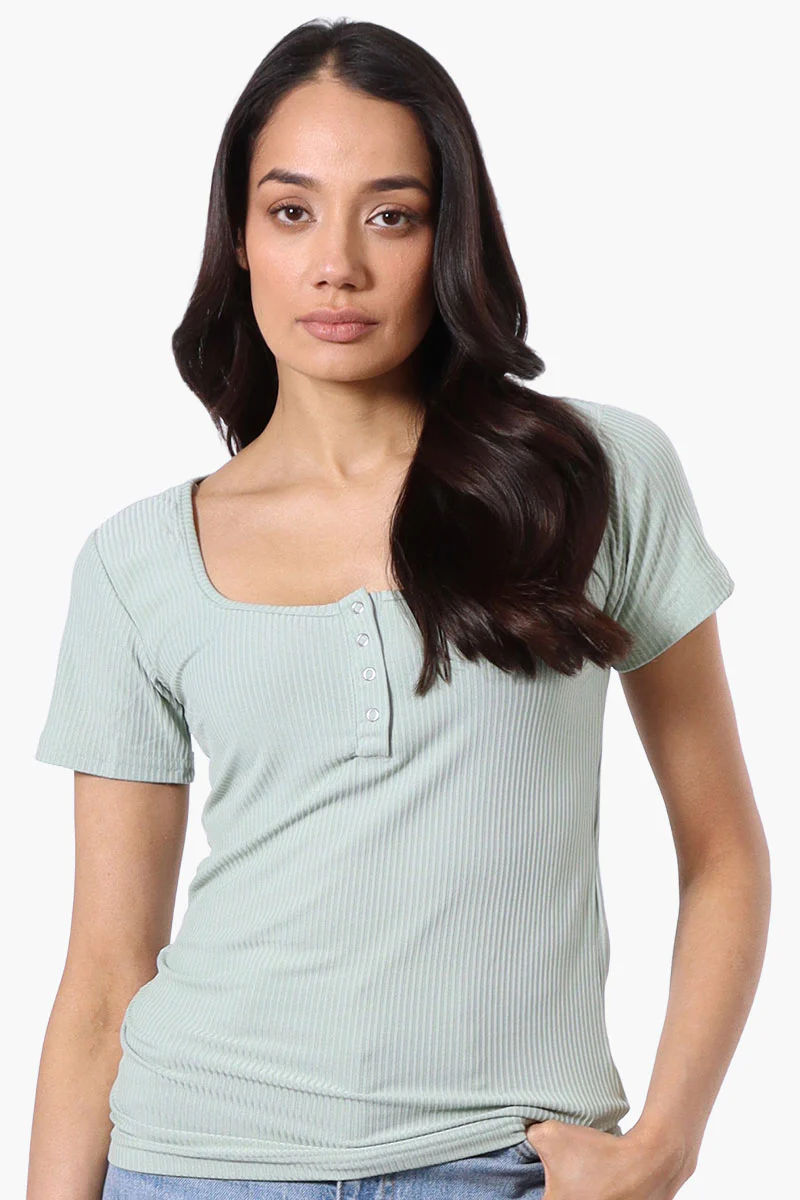 Costa Blanca Ribbed Square Neck Henley Tee - Mint