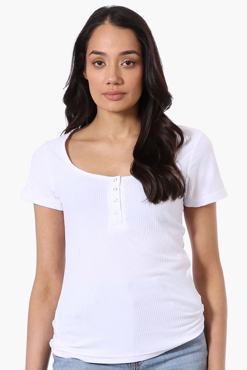 Costa Blanca Ribbed Square Neck Henley Tee - White