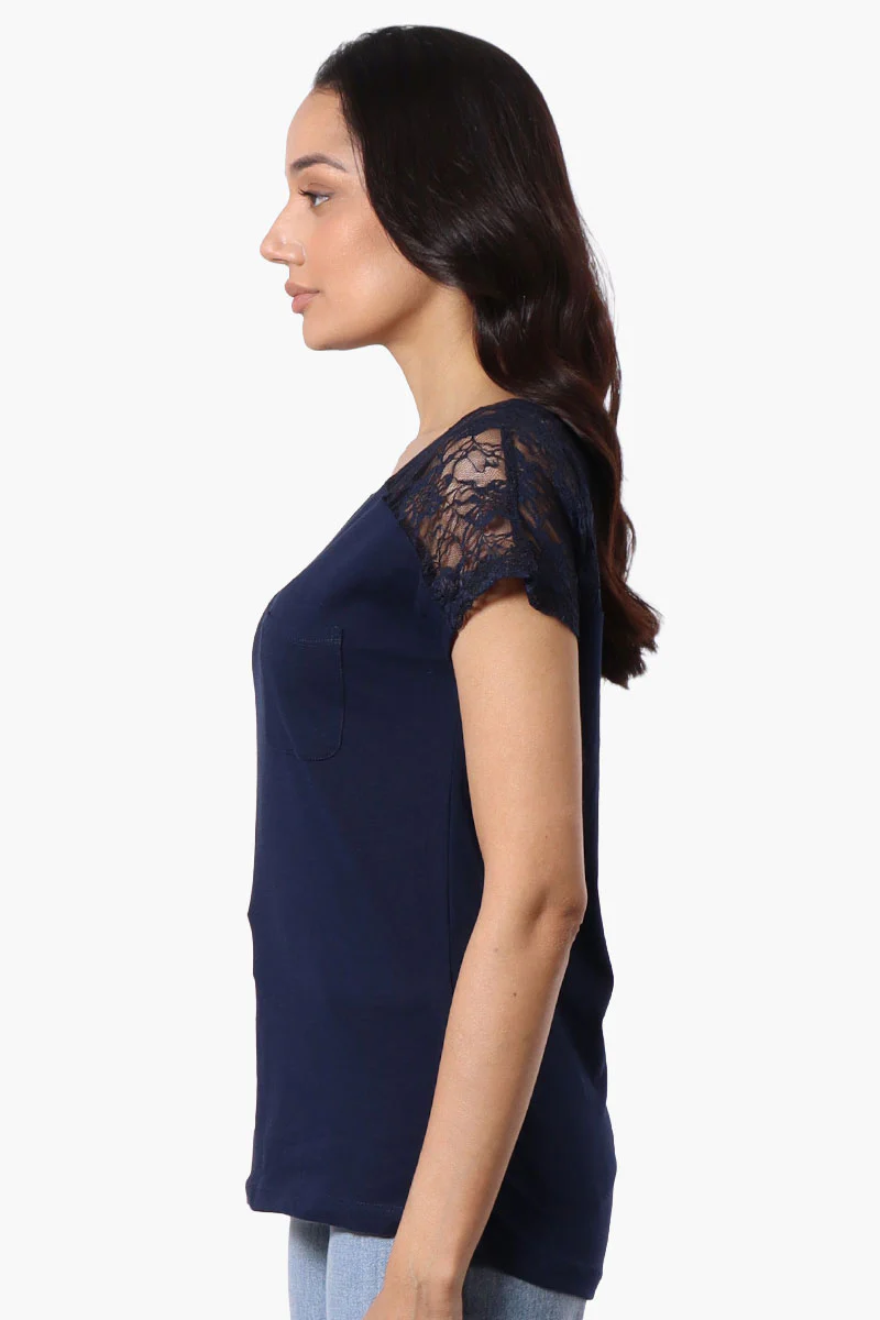 Majora Floral Lace Cap Sleeve Tee - Navy - Image 2