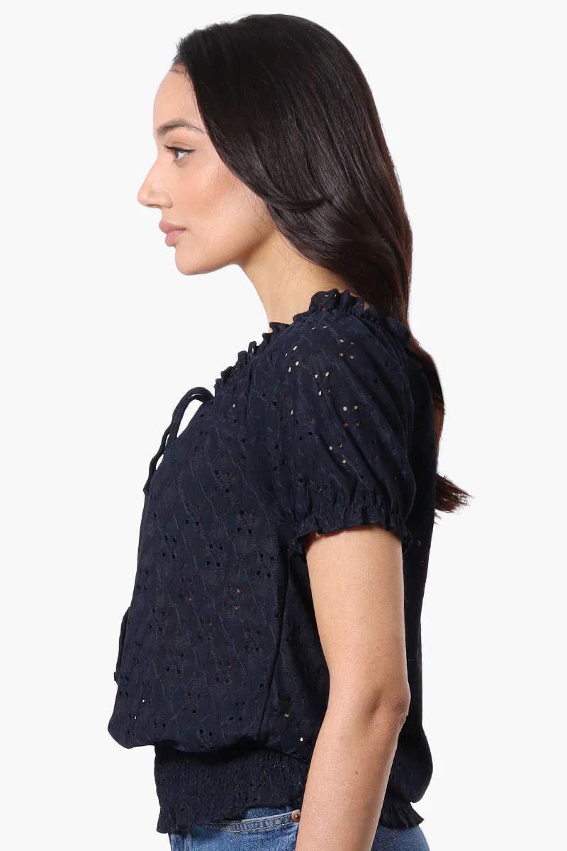 Urbanology Eyelet Drawstring Neck Blouse - Navy - Image 2