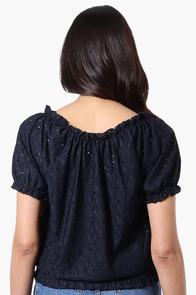 Urbanology Eyelet Drawstring Neck Blouse - Navy - Image 3