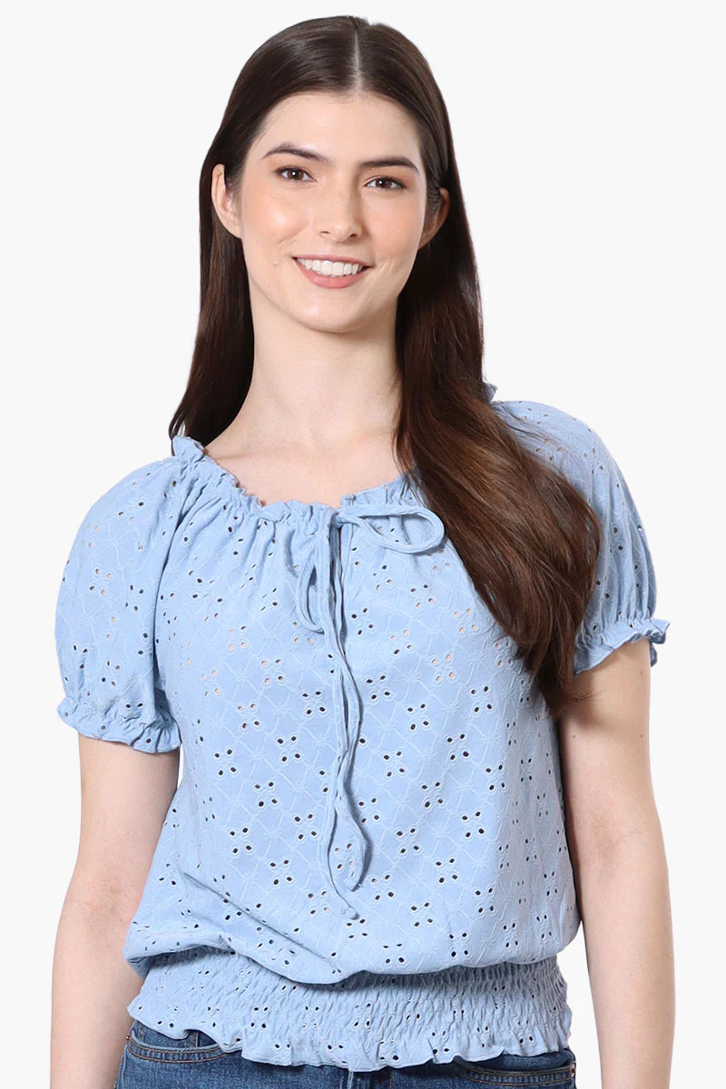 Urbanology Eyelet Drawstring Neck Blouse - Blue