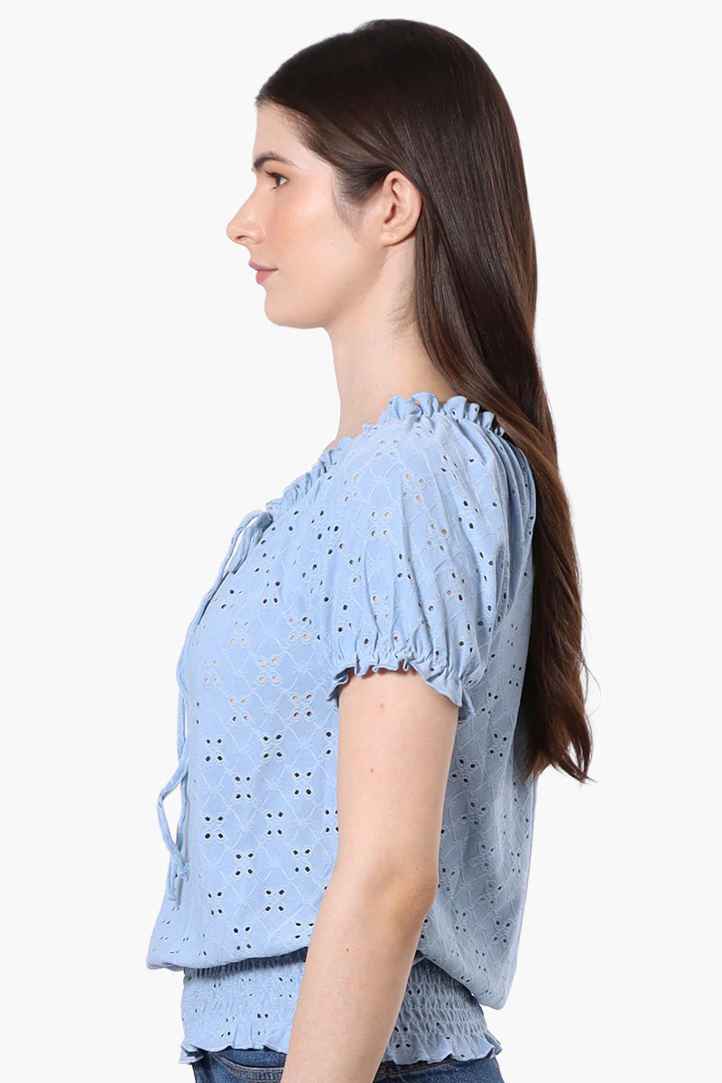 Urbanology Eyelet Drawstring Neck Blouse - Blue - Image 2
