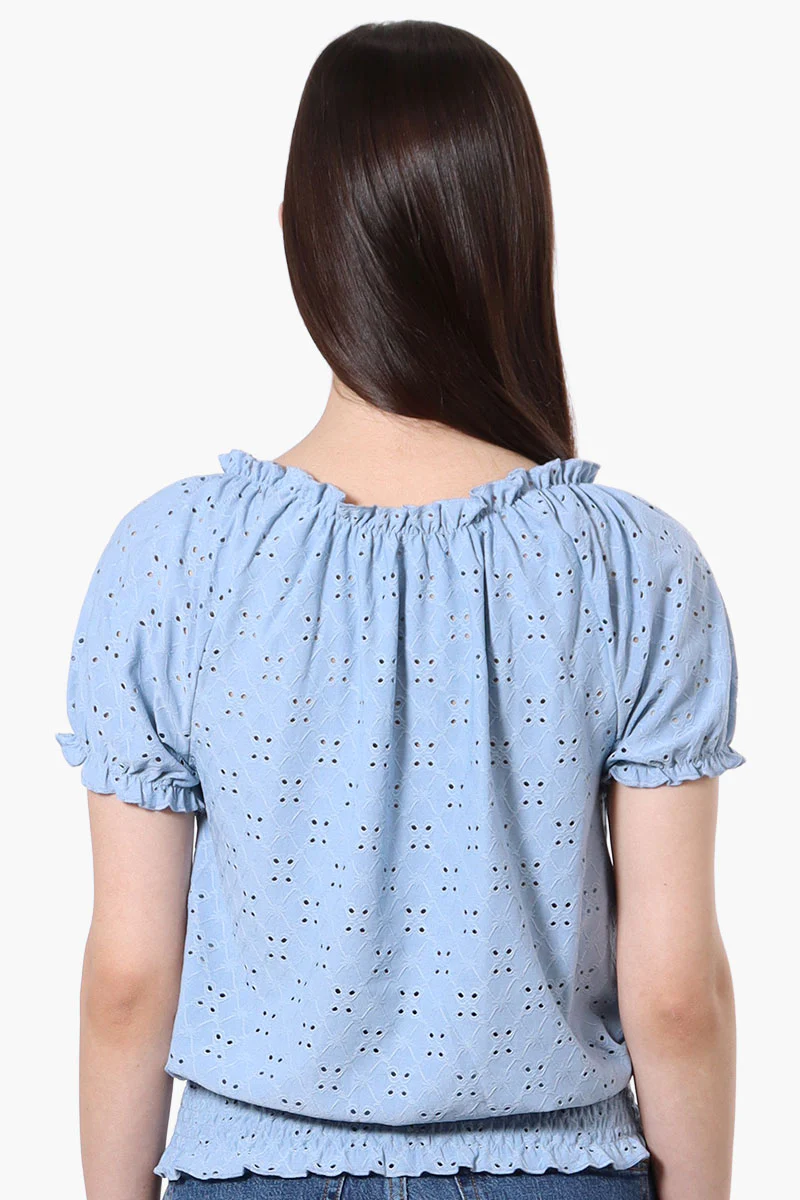Urbanology Eyelet Drawstring Neck Blouse - Blue - Image 3