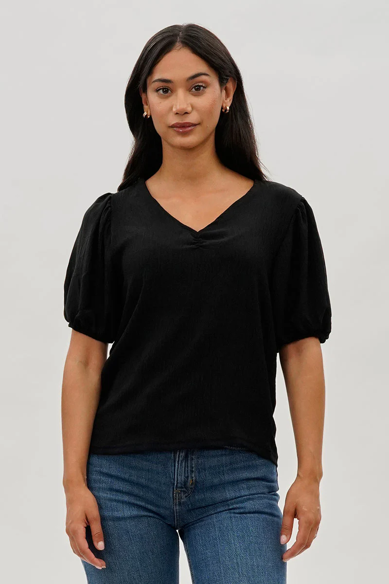 Stylexchange Vintage Puff Sleeve V-Neck Blouse - Black