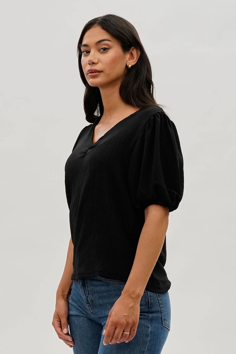 Stylexchange Vintage Puff Sleeve V-Neck Blouse - Black - Image 2