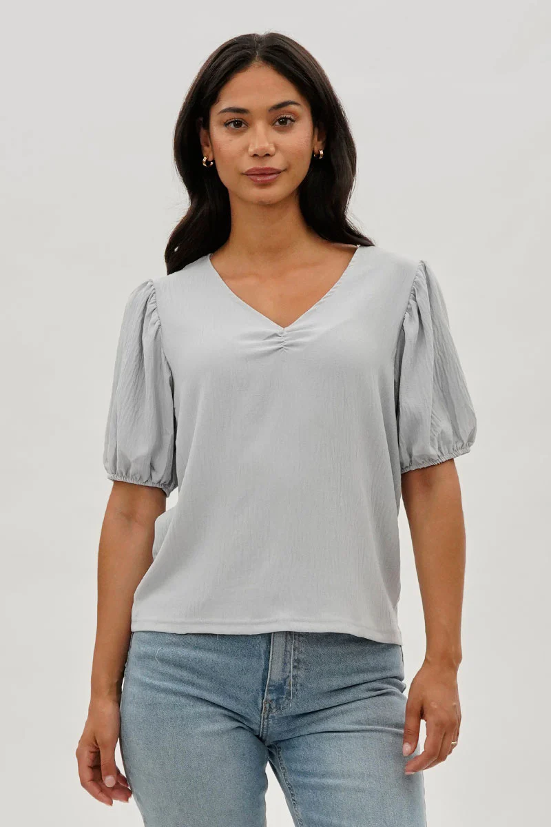 Stylexchange Vintage Puff Sleeve V-Neck Blouse - Grey