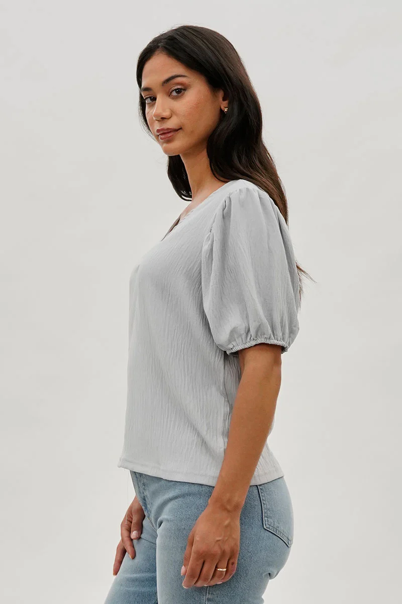 Stylexchange Vintage Puff Sleeve V-Neck Blouse - Grey - Image 2