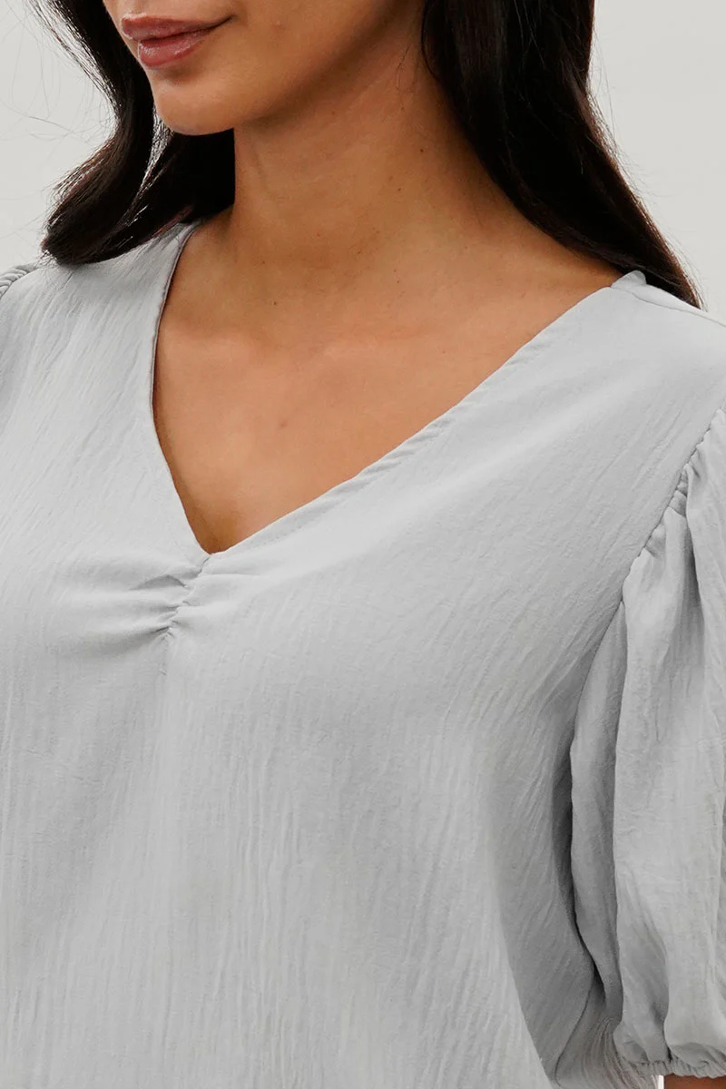 Stylexchange Vintage Puff Sleeve V-Neck Blouse - Grey - Image 4