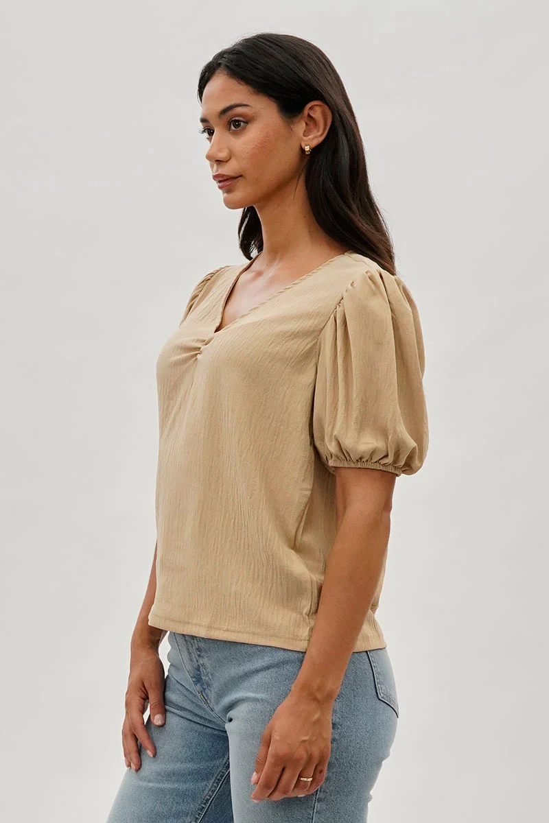 Stylexchange Vintage Puff Sleeve V-Neck Blouse - Beige - Image 2