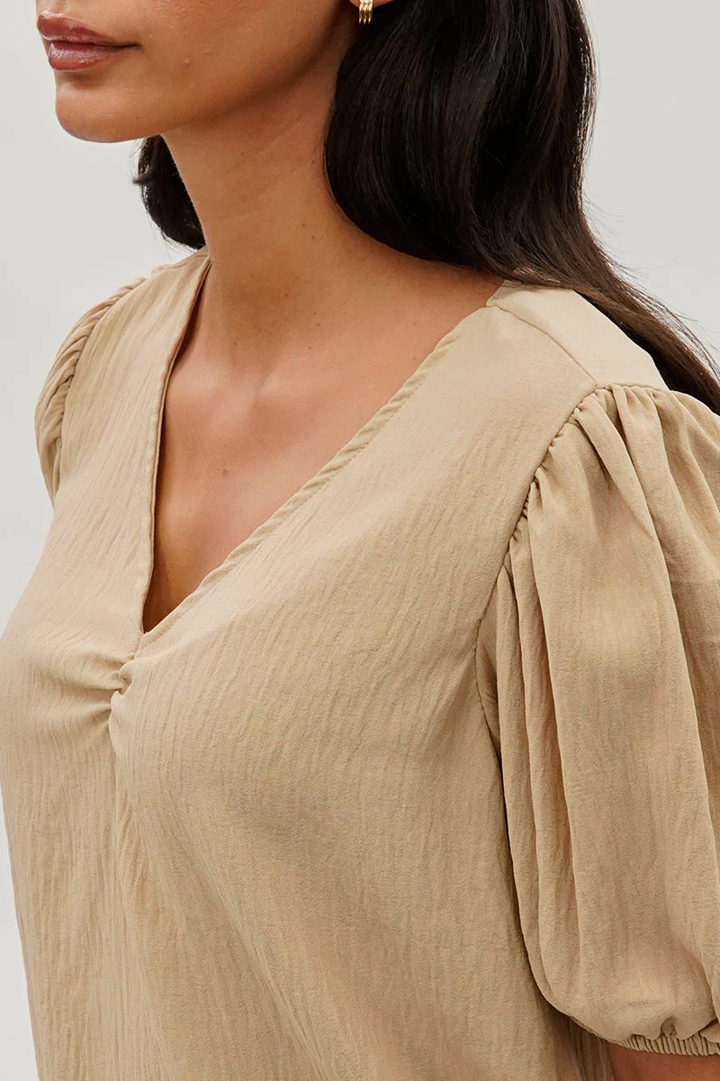 Stylexchange Vintage Puff Sleeve V-Neck Blouse - Beige - Image 4
