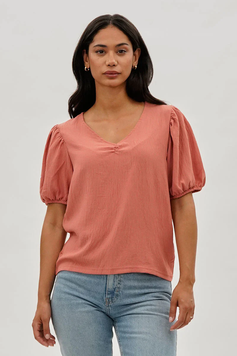 Stylexchange Vintage Puff Sleeve V-Neck Blouse - Coral
