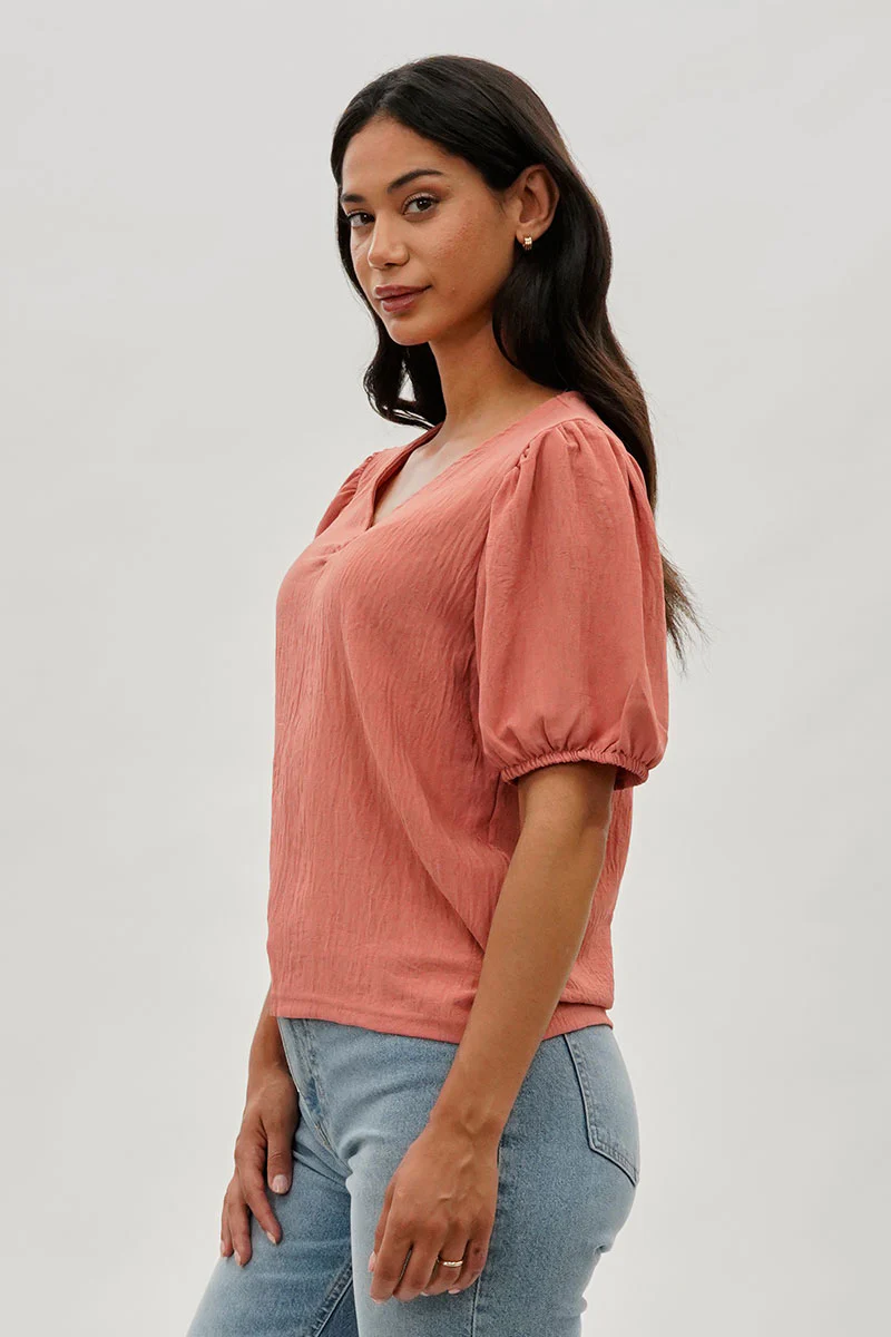 Stylexchange Vintage Puff Sleeve V-Neck Blouse - Coral - Image 2