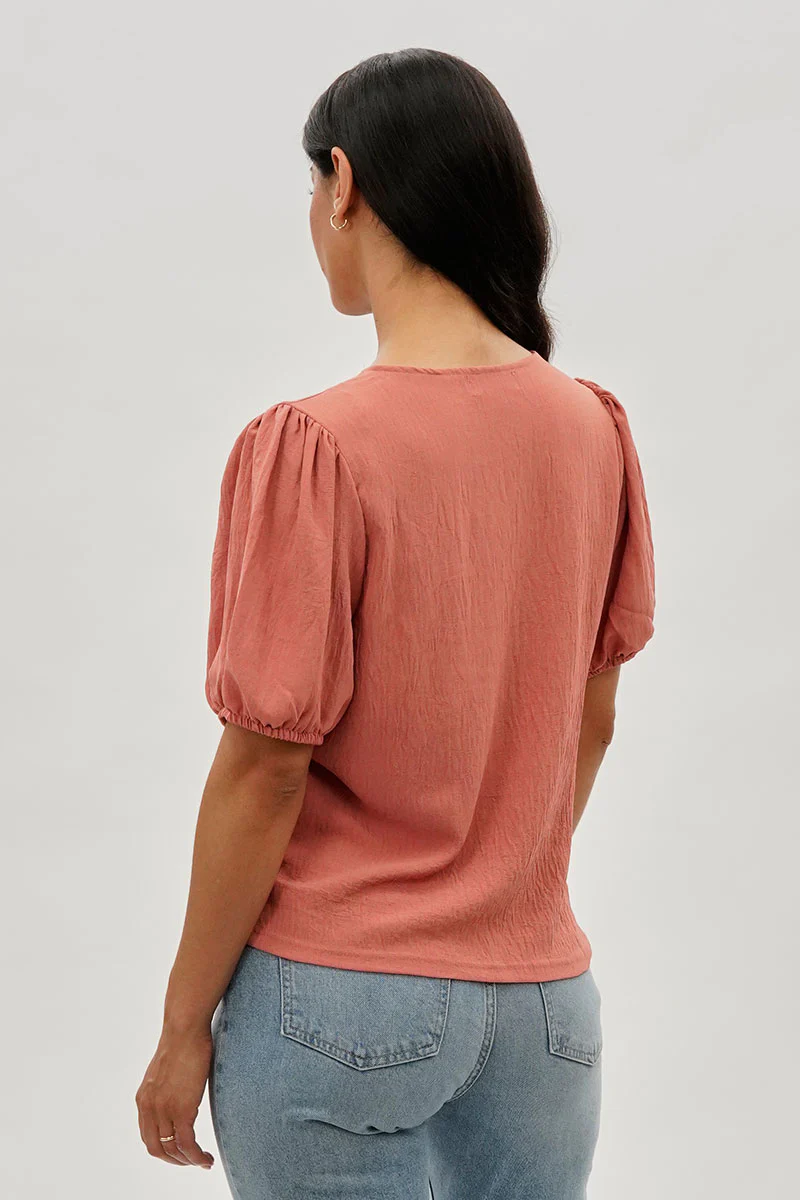 Stylexchange Vintage Puff Sleeve V-Neck Blouse - Coral - Image 3