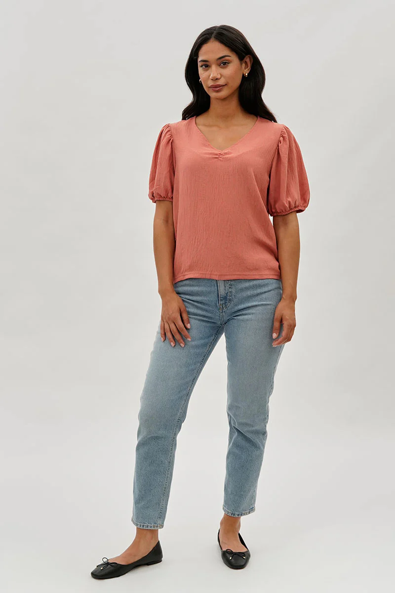 Stylexchange Vintage Puff Sleeve V-Neck Blouse - Coral - Image 5