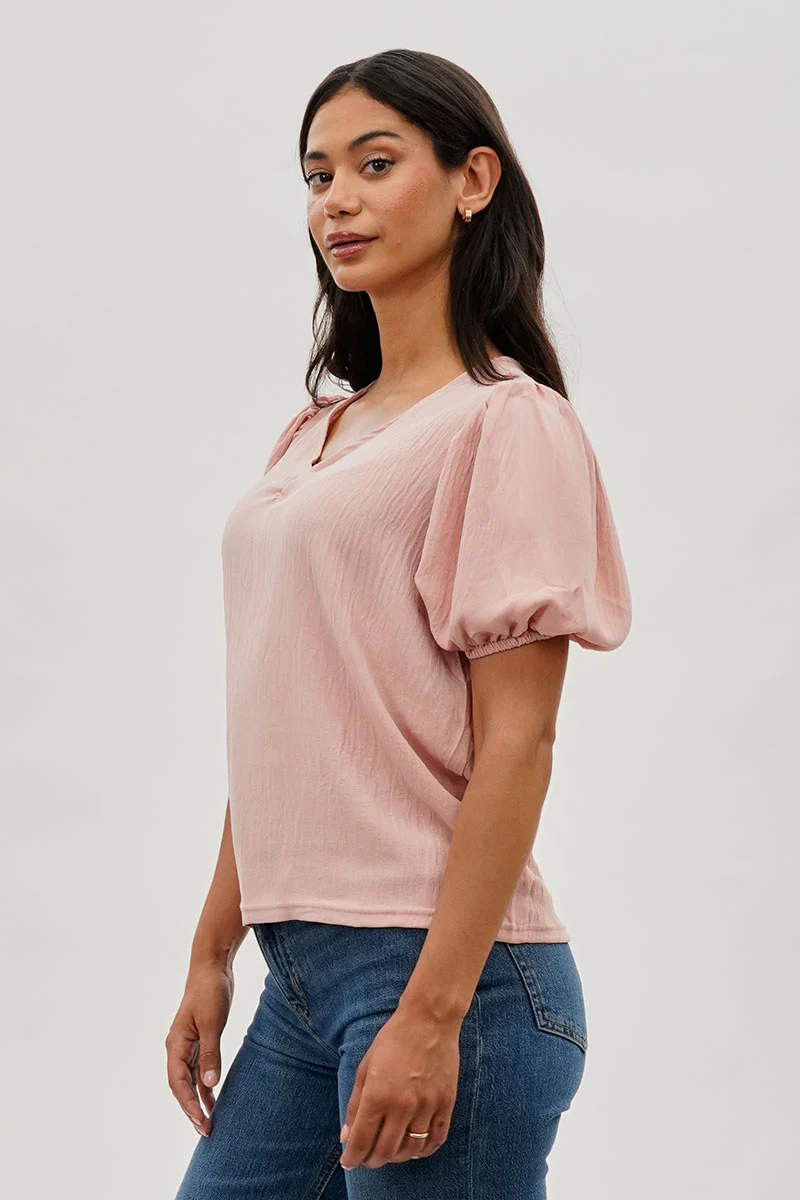 Stylexchange Vintage Puff Sleeve V-Neck Blouse - Pink - Image 2