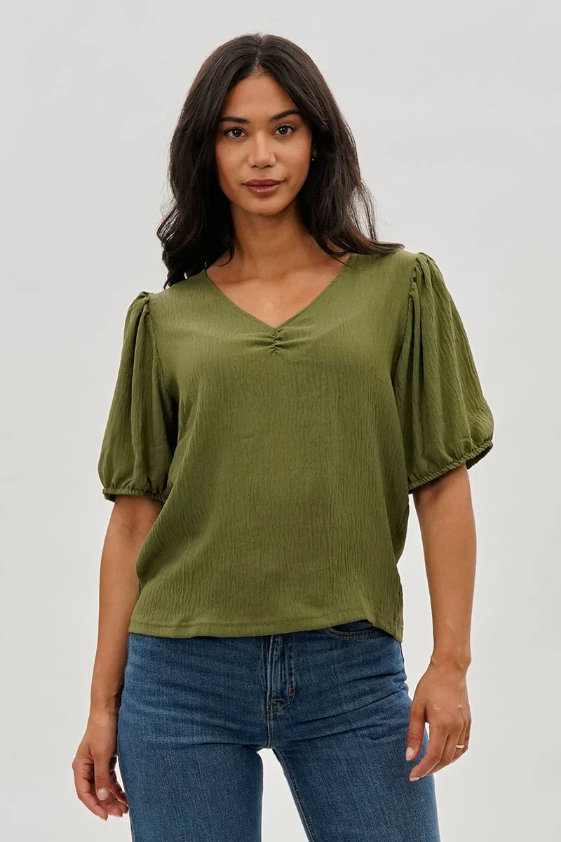 Stylexchange Vintage Puff Sleeve V-Neck Blouse - Olive