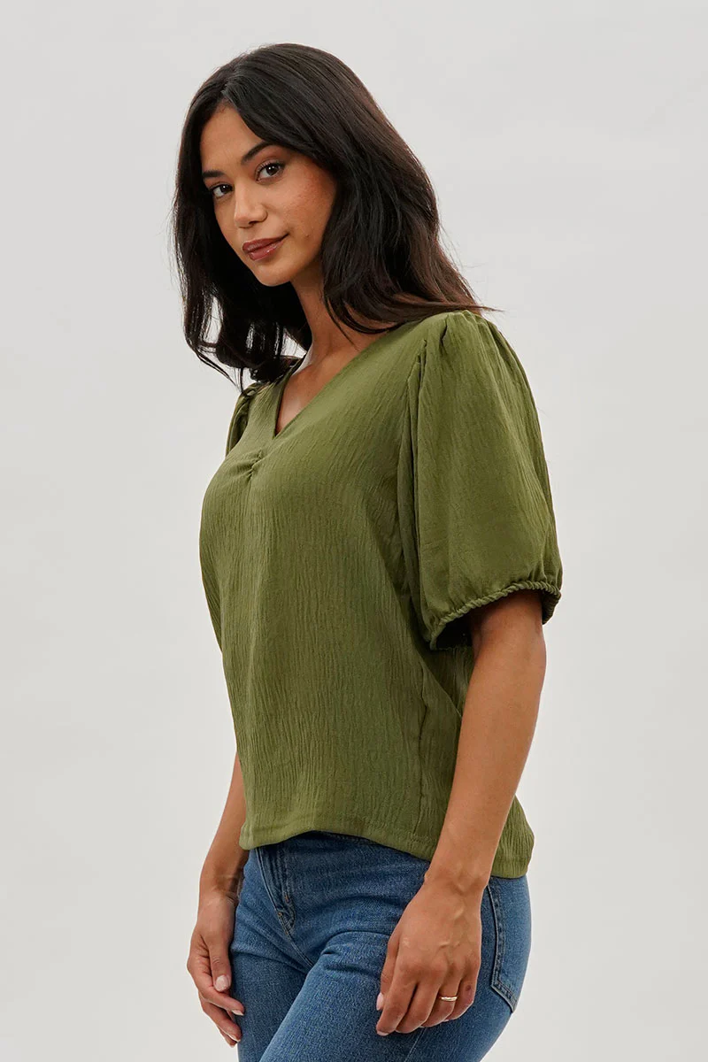 Stylexchange Vintage Puff Sleeve V-Neck Blouse - Olive - Image 2