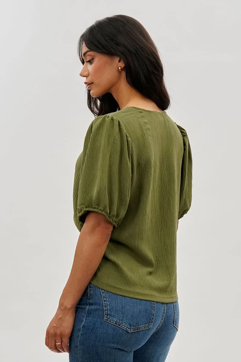 Stylexchange Vintage Puff Sleeve V-Neck Blouse - Olive - Image 3