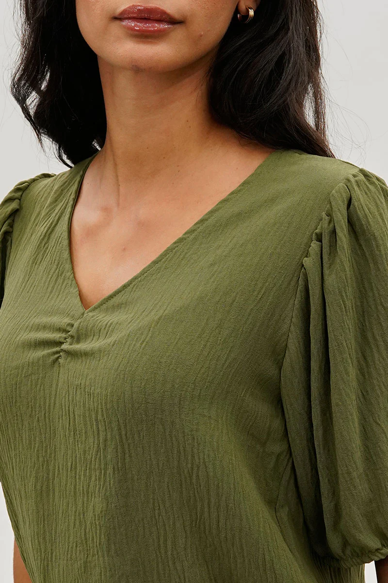 Stylexchange Vintage Puff Sleeve V-Neck Blouse - Olive - Image 4