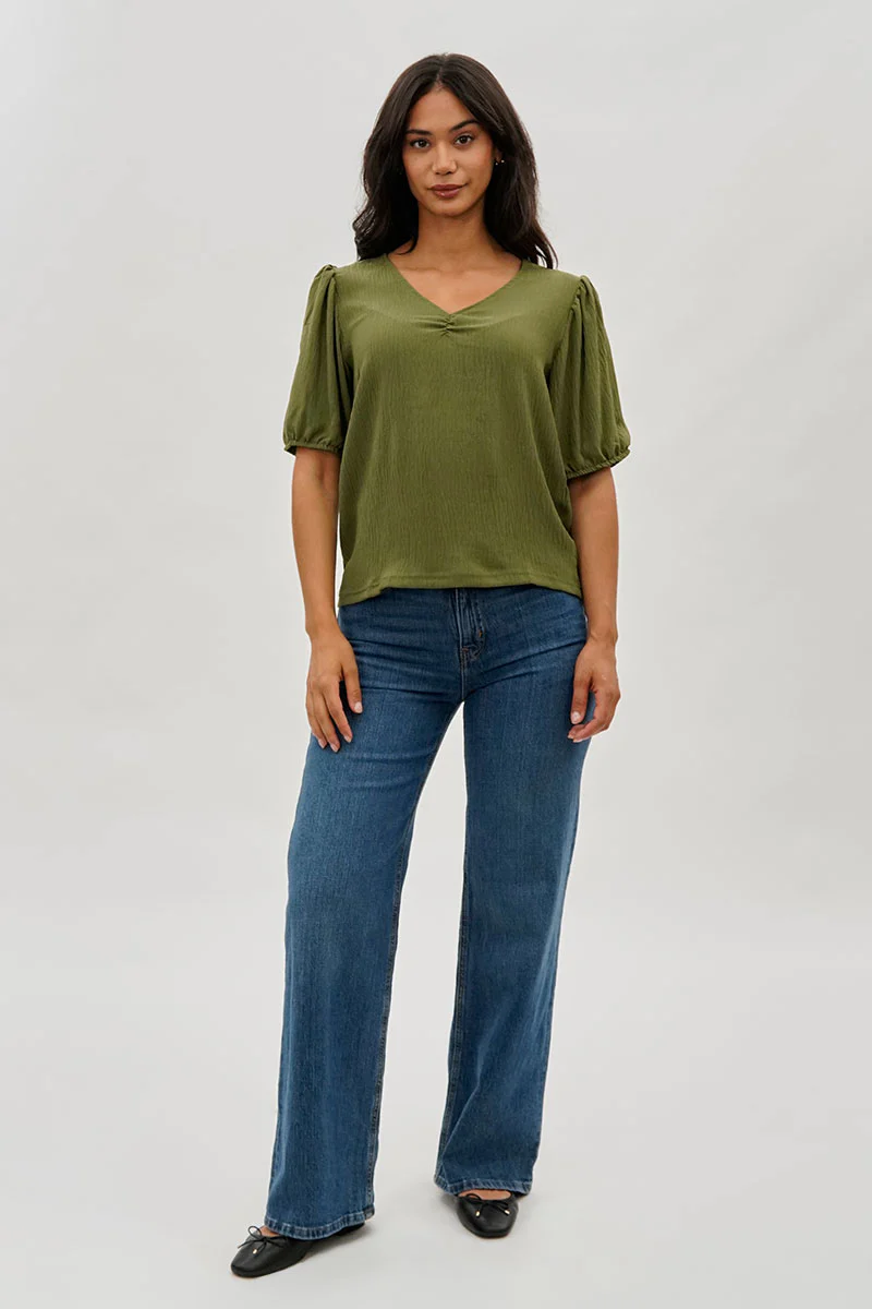 Stylexchange Vintage Puff Sleeve V-Neck Blouse - Olive - Image 5