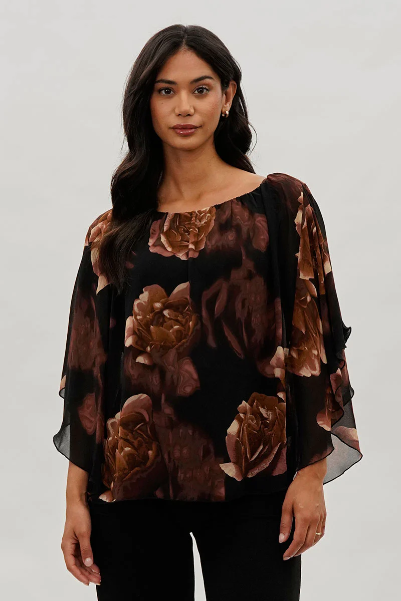 Costa Blanca Floral Chiffon Cape Blouse - Brown