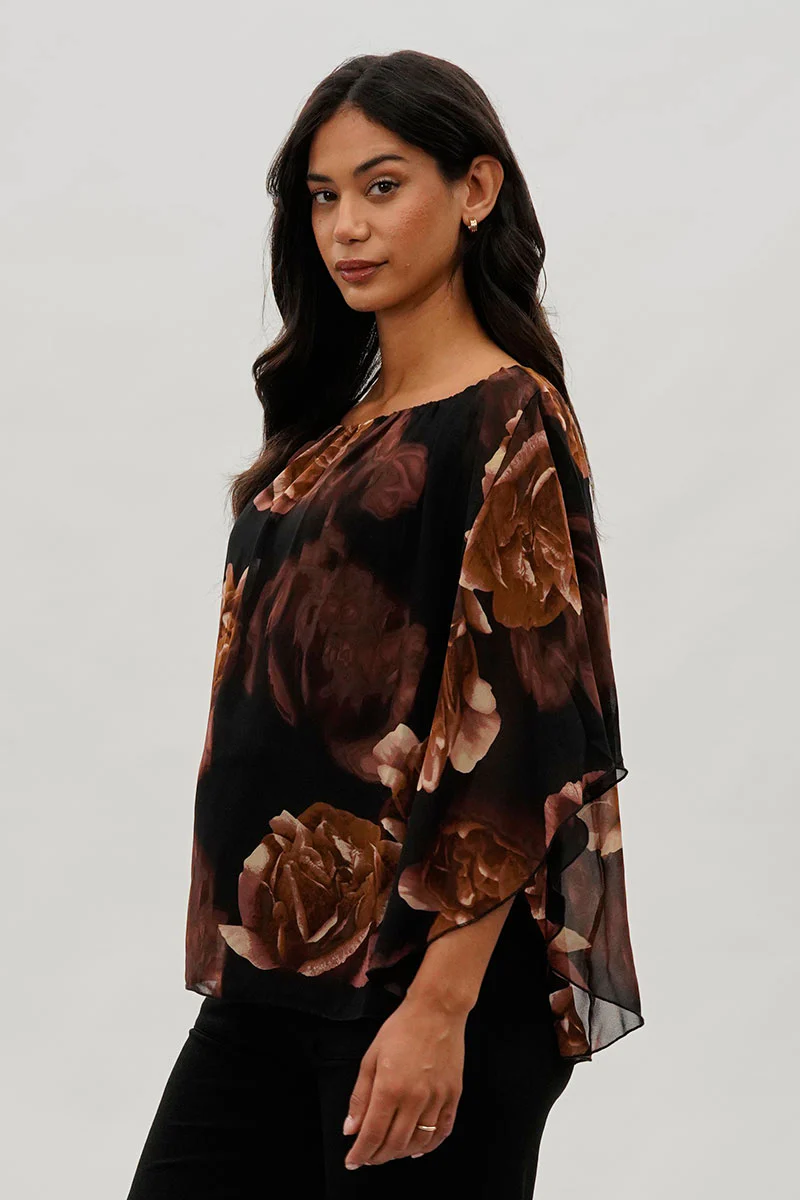 Costa Blanca Floral Chiffon Cape Blouse - Brown - Image 2