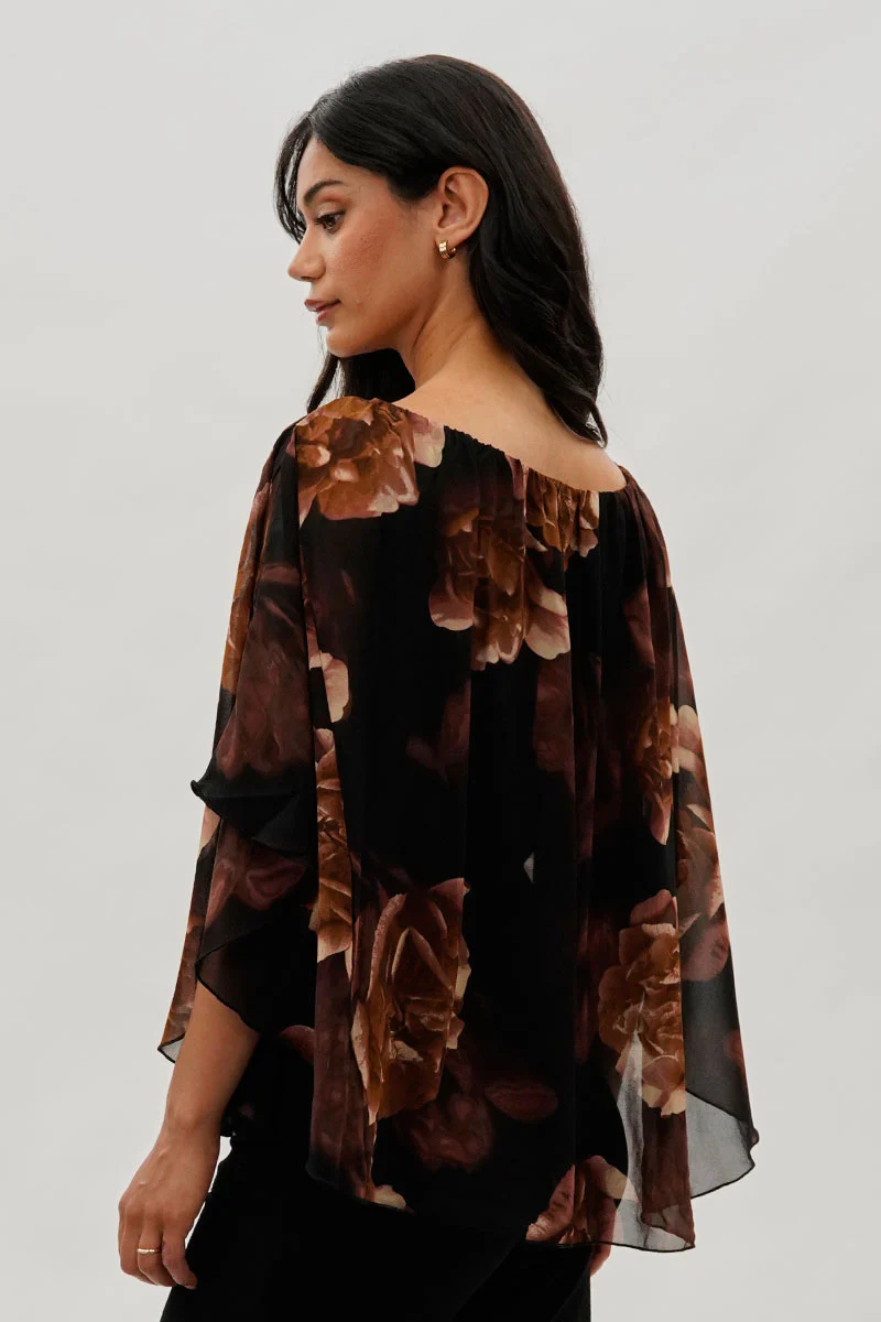 Costa Blanca Floral Chiffon Cape Blouse - Brown - Image 3