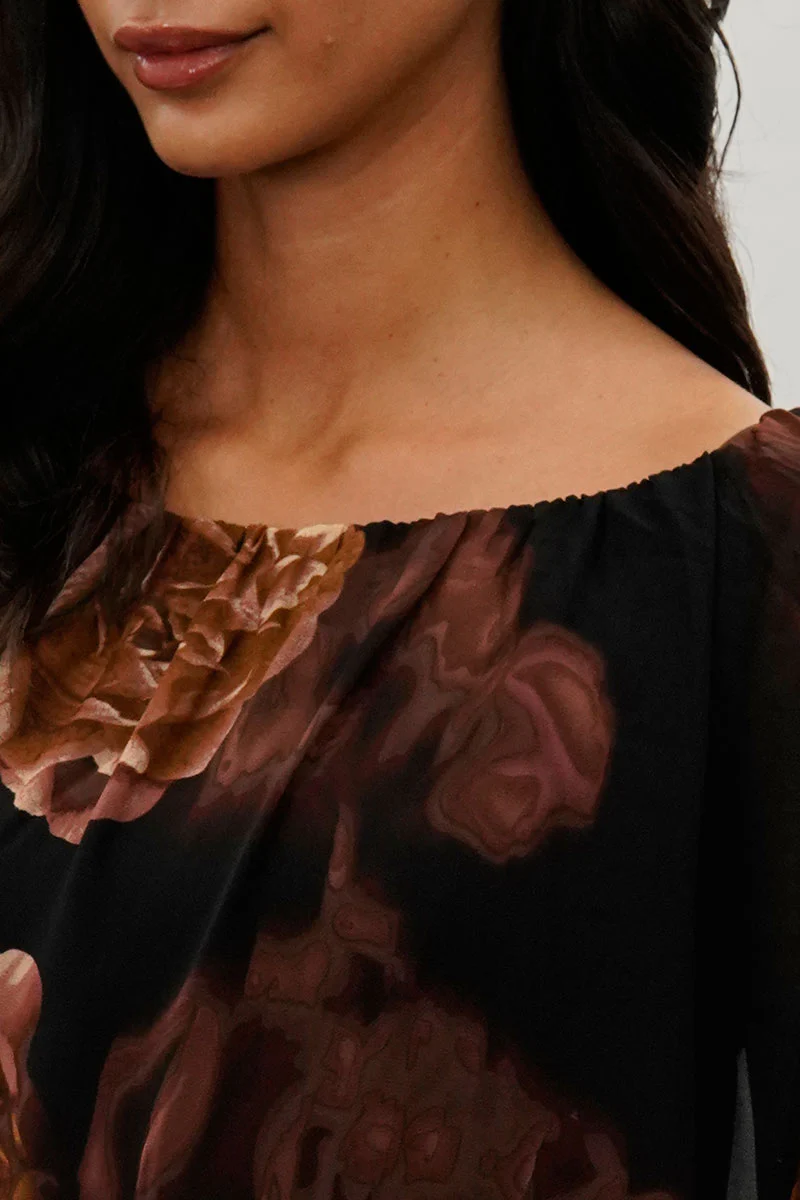 Costa Blanca Floral Chiffon Cape Blouse - Brown - Image 4