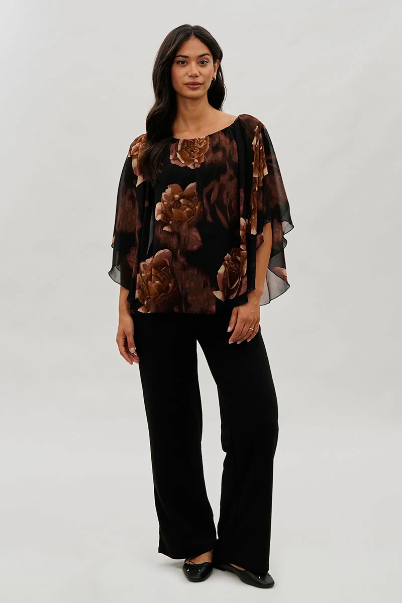 Costa Blanca Floral Chiffon Cape Blouse - Brown - Image 5