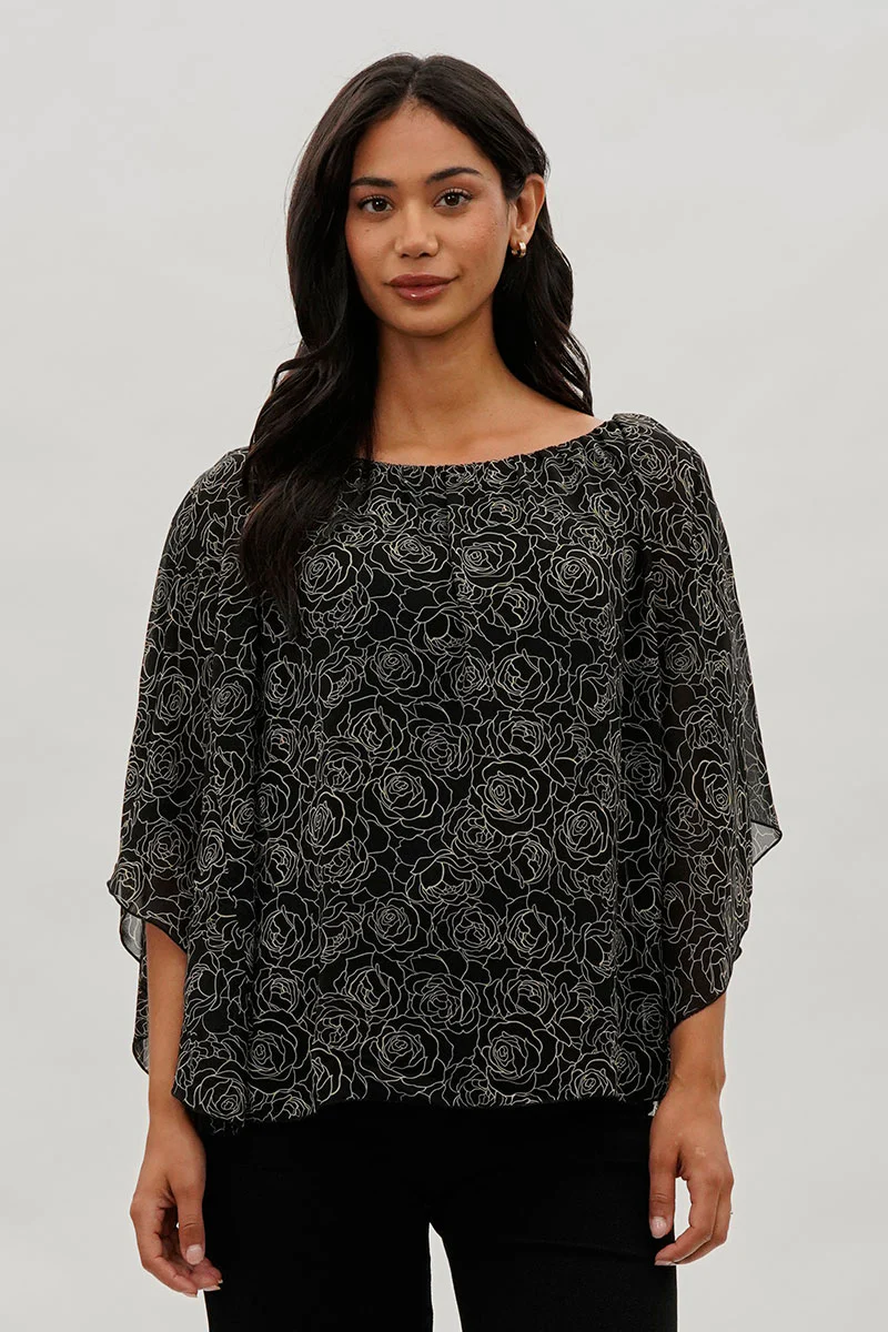 Costa Blanca Floral Chiffon Cape Blouse - Black