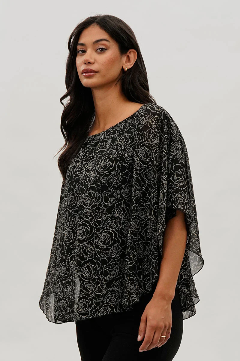 Costa Blanca Floral Chiffon Cape Blouse - Black - Image 2