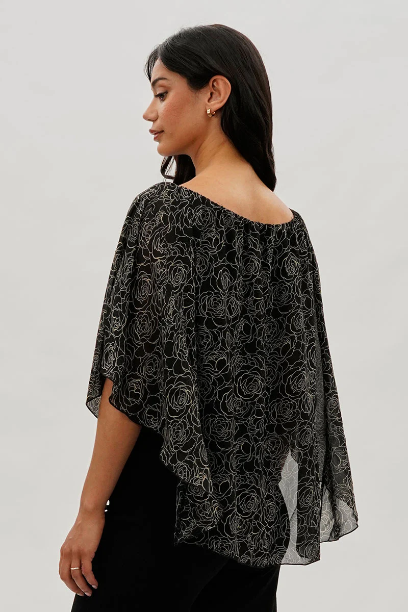 Costa Blanca Floral Chiffon Cape Blouse - Black - Image 3