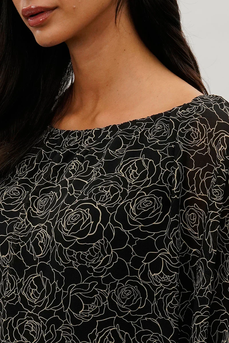 Costa Blanca Floral Chiffon Cape Blouse - Black - Image 4