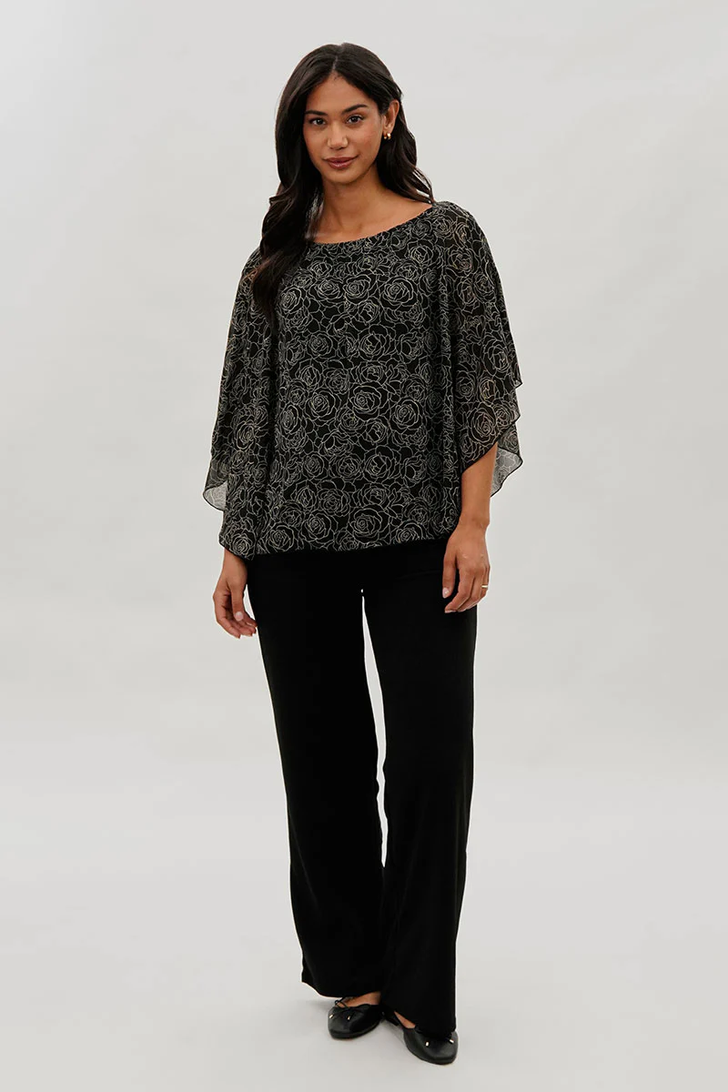 Costa Blanca Floral Chiffon Cape Blouse - Black - Image 5