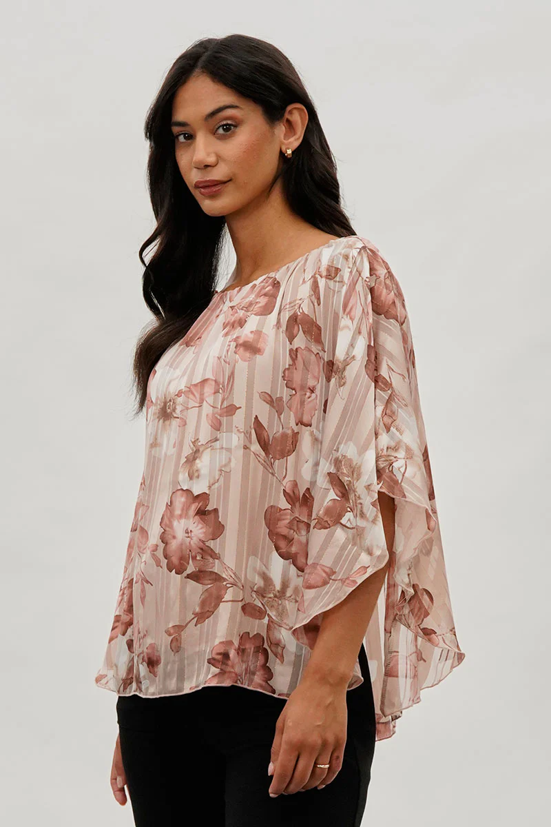 Costa Blanca Floral Chiffon Cape Blouse - Pink - Image 2