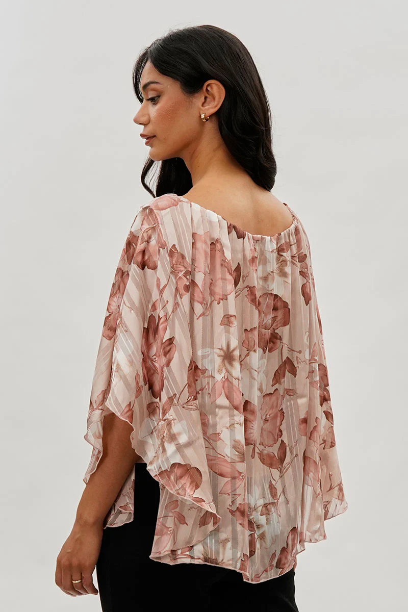 Costa Blanca Floral Chiffon Cape Blouse - Pink - Image 3
