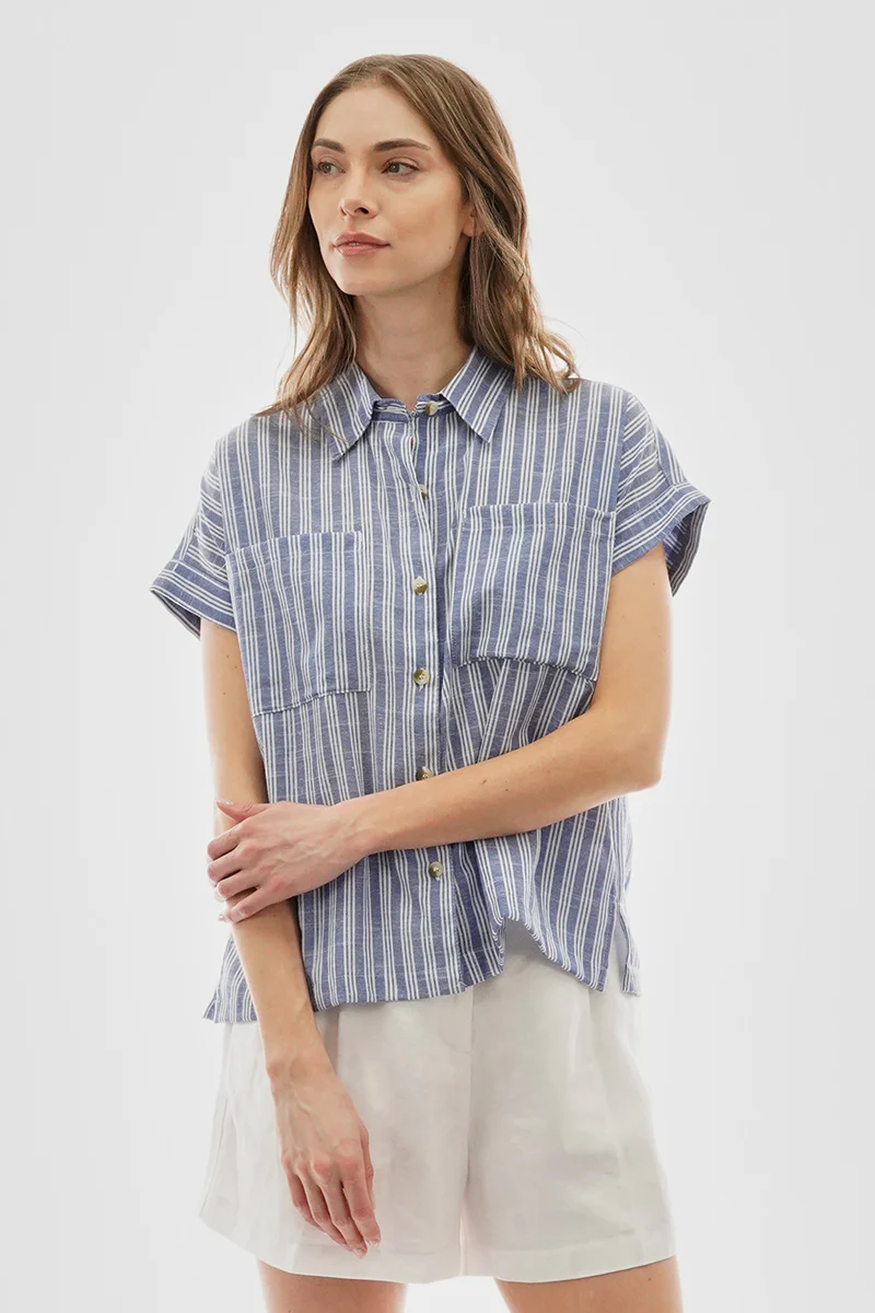 Beechers Brook Striped Button Up Short Sleeve Shirt - Blue