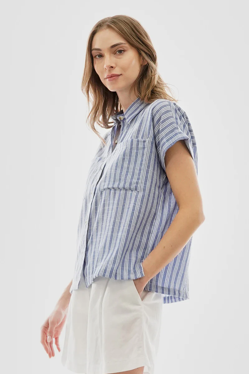 Beechers Brook Striped Button Up Short Sleeve Shirt - Blue - Image 2