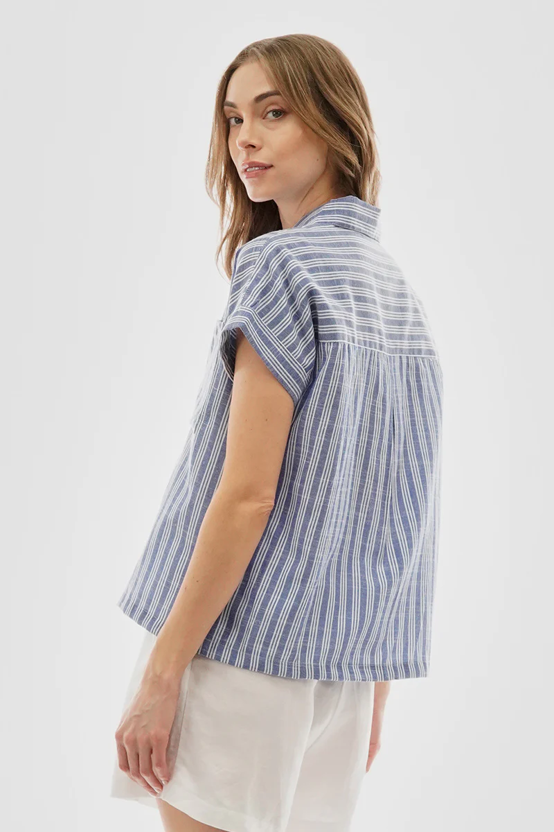 Beechers Brook Striped Button Up Short Sleeve Shirt - Blue - Image 3